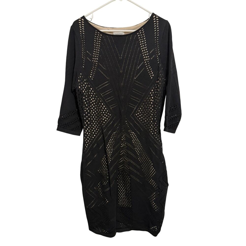 Calvin Klein Women’s Size XL Black Beige Sheath 3/4 Sleeve Stretch Dress